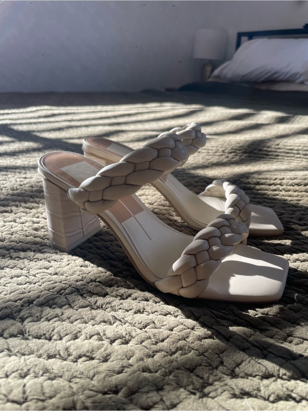 Dolce Vita Cream Braided Double-Strap Block Heel Sandals